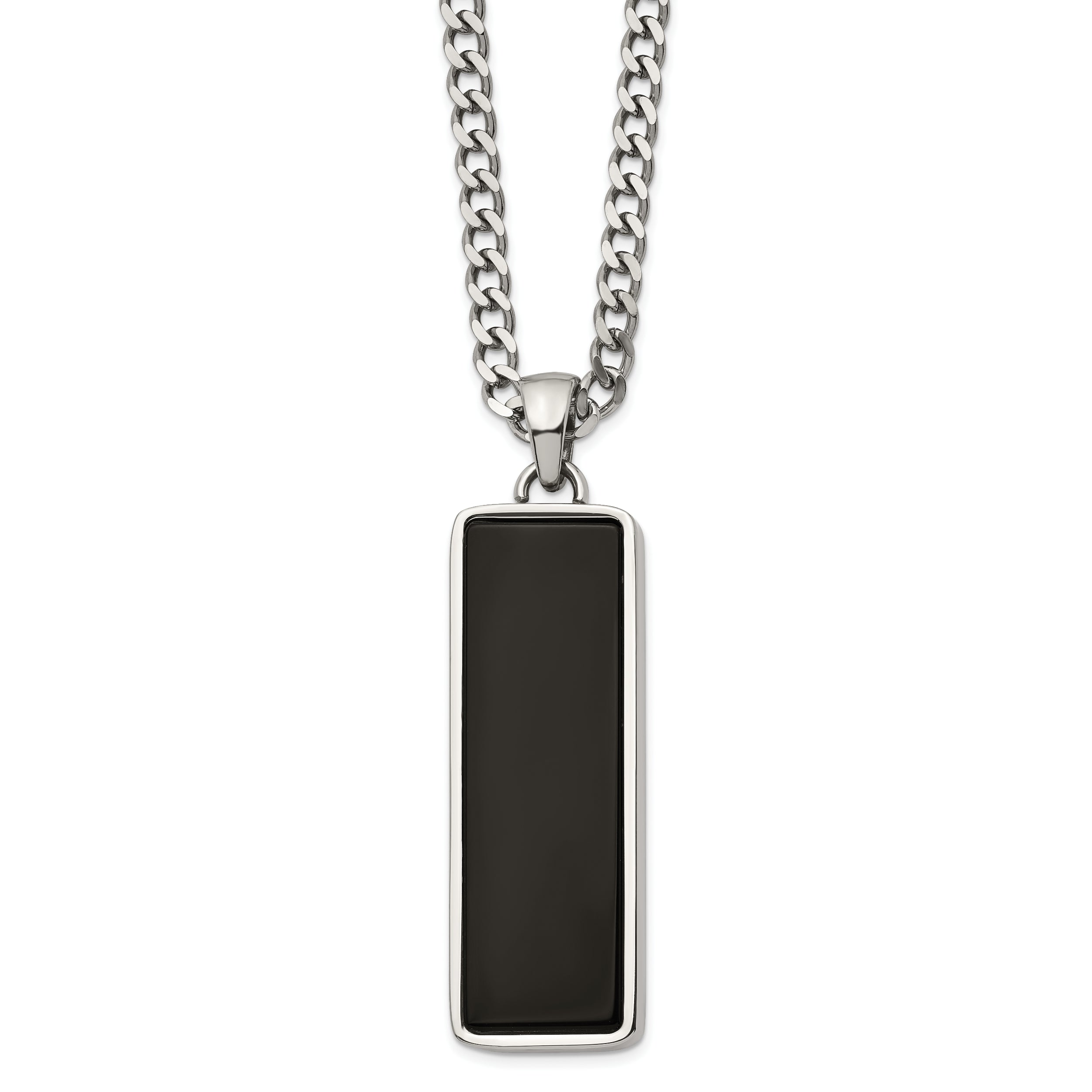 Chisel Stainless Steel Polished with Black Onyx Inlay Rectangle Pendant on a 22 inch Curb Chain Necklace