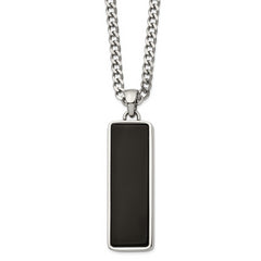 Chisel Stainless Steel Polished with Black Onyx Inlay Rectangle Pendant on a 22 inch Curb Chain Necklace