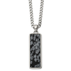 Chisel Stainless Steel Polished with Alabaster Stone Inlay Rectangle Pendant on a 22 inch Curb Chain Necklace