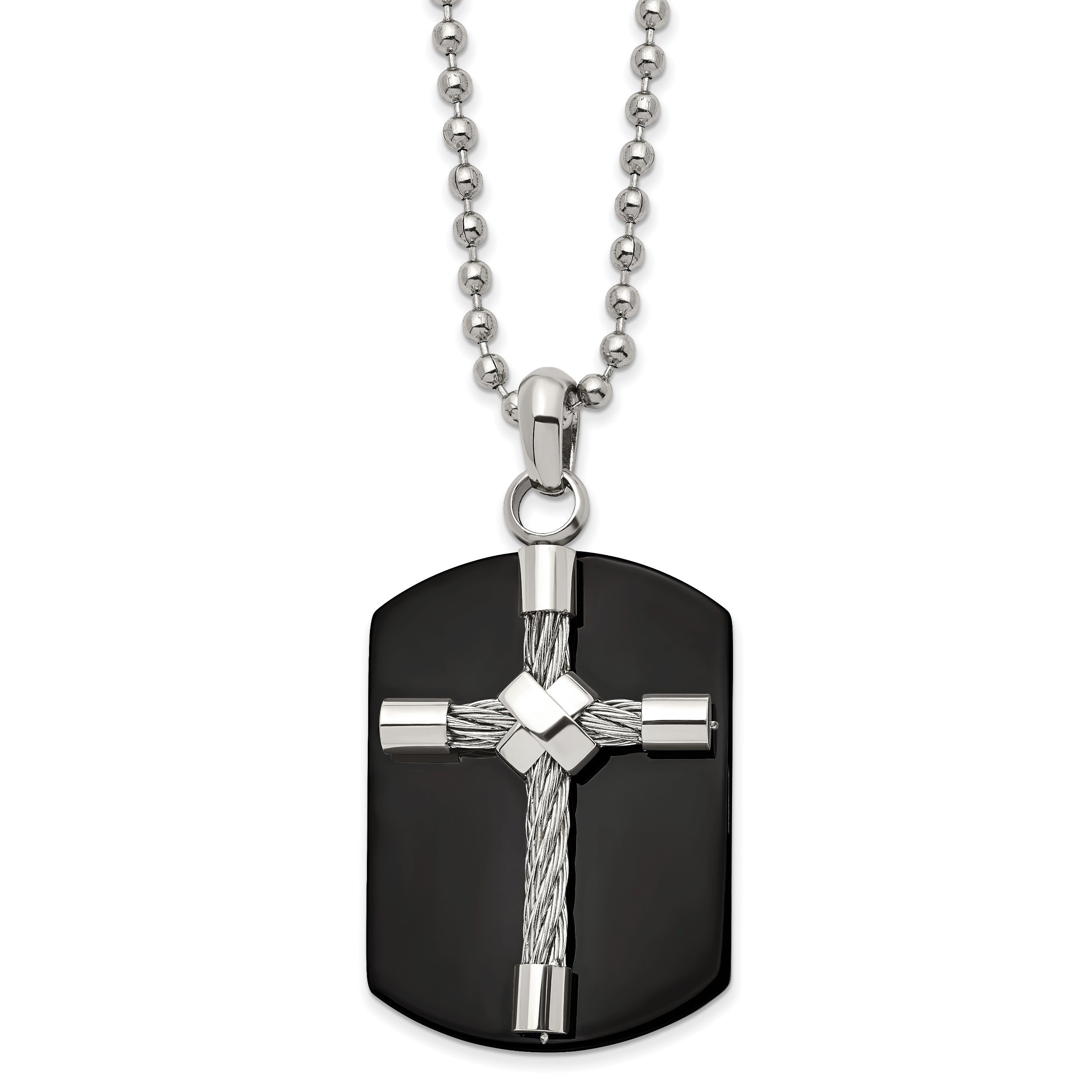 Chisel Stainless Steel Polished Black IP-plated Wire Cross Dog Tag on a 24 inch Ball Chain Necklace