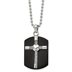 Chisel Stainless Steel Polished Black IP-plated Wire Cross Dog Tag on a 24 inch Ball Chain Necklace