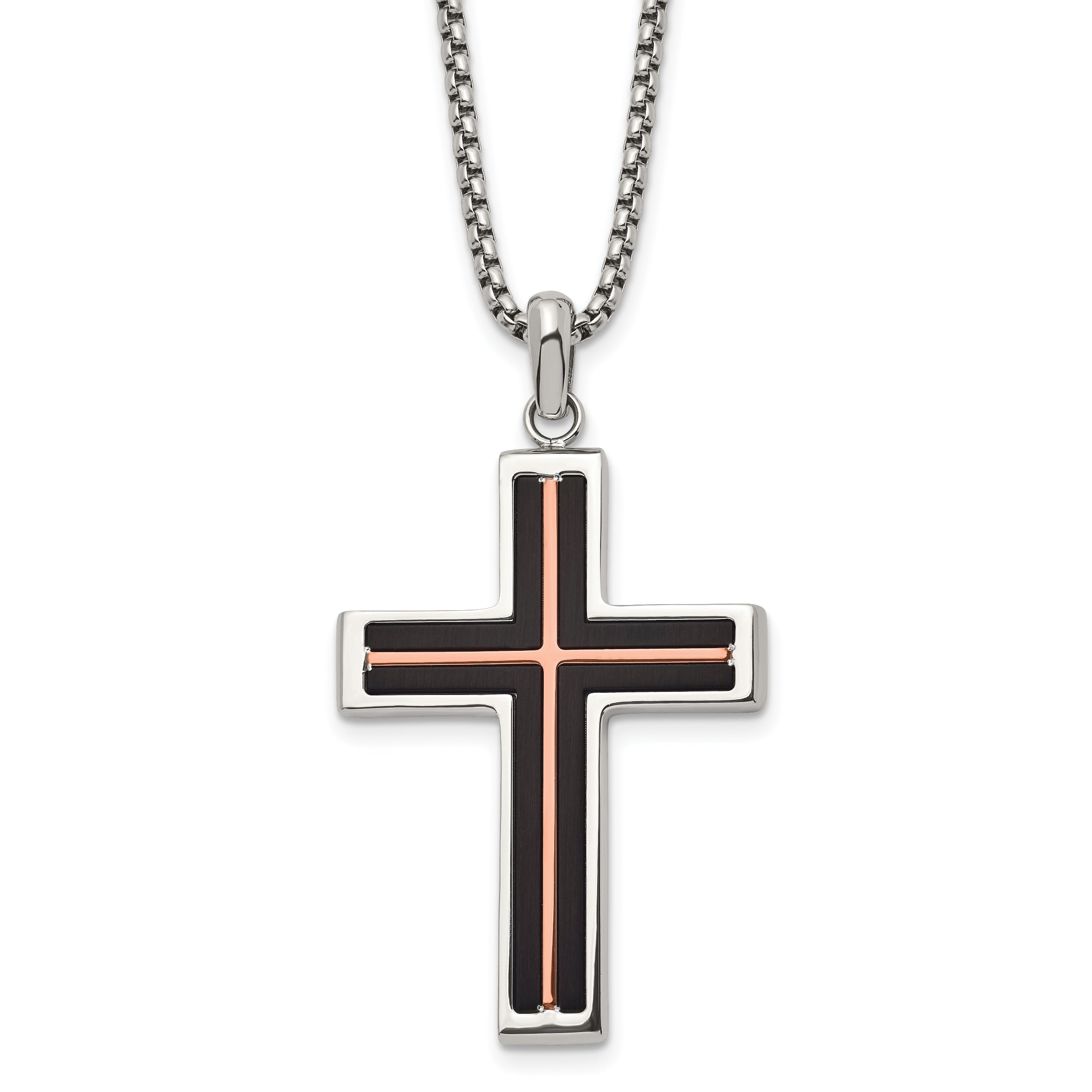 Chisel Stainless Steel Brushed and Polished Black and Rose IP-plated Cross Pendant on a 24 inch Box Chain Necklace