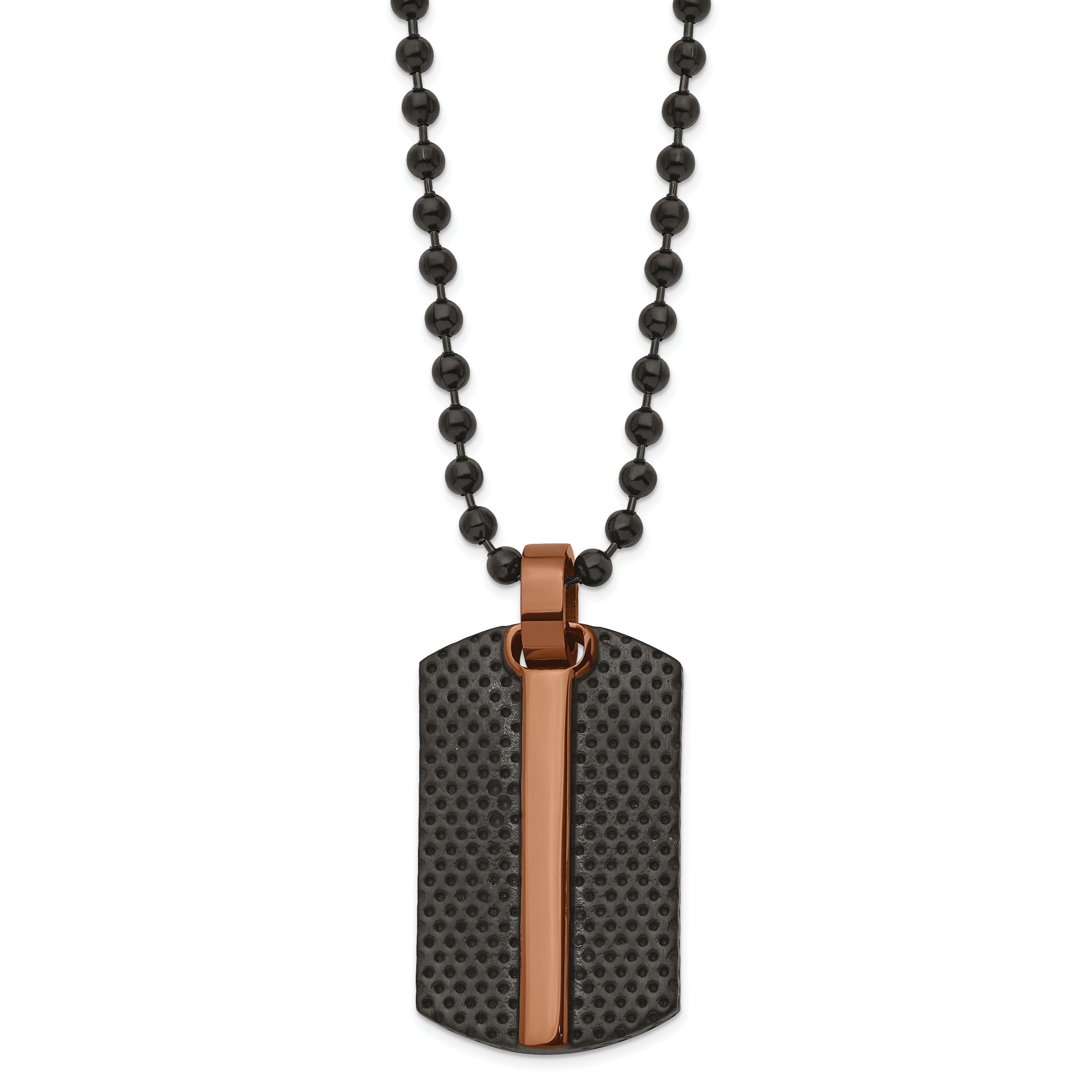 Chisel Stainless Steel Polished and Textured Black and Brown IP-plated Dog Tag on a 24 inch Ball Chain Necklace