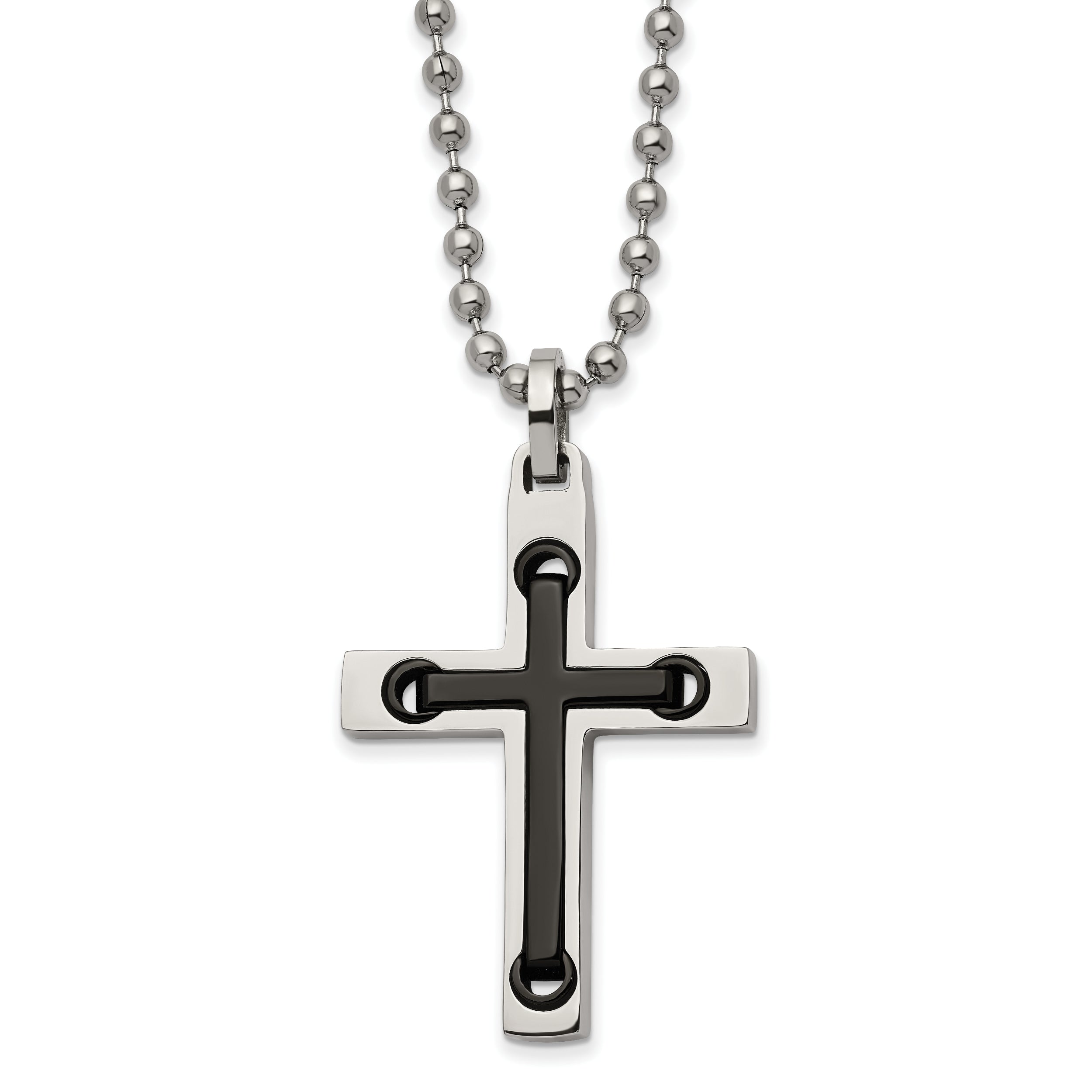 Chisel Stainless Steel Polished with Black IP-plated Center Cross Pendant on a 22 inch Ball Chain Necklace