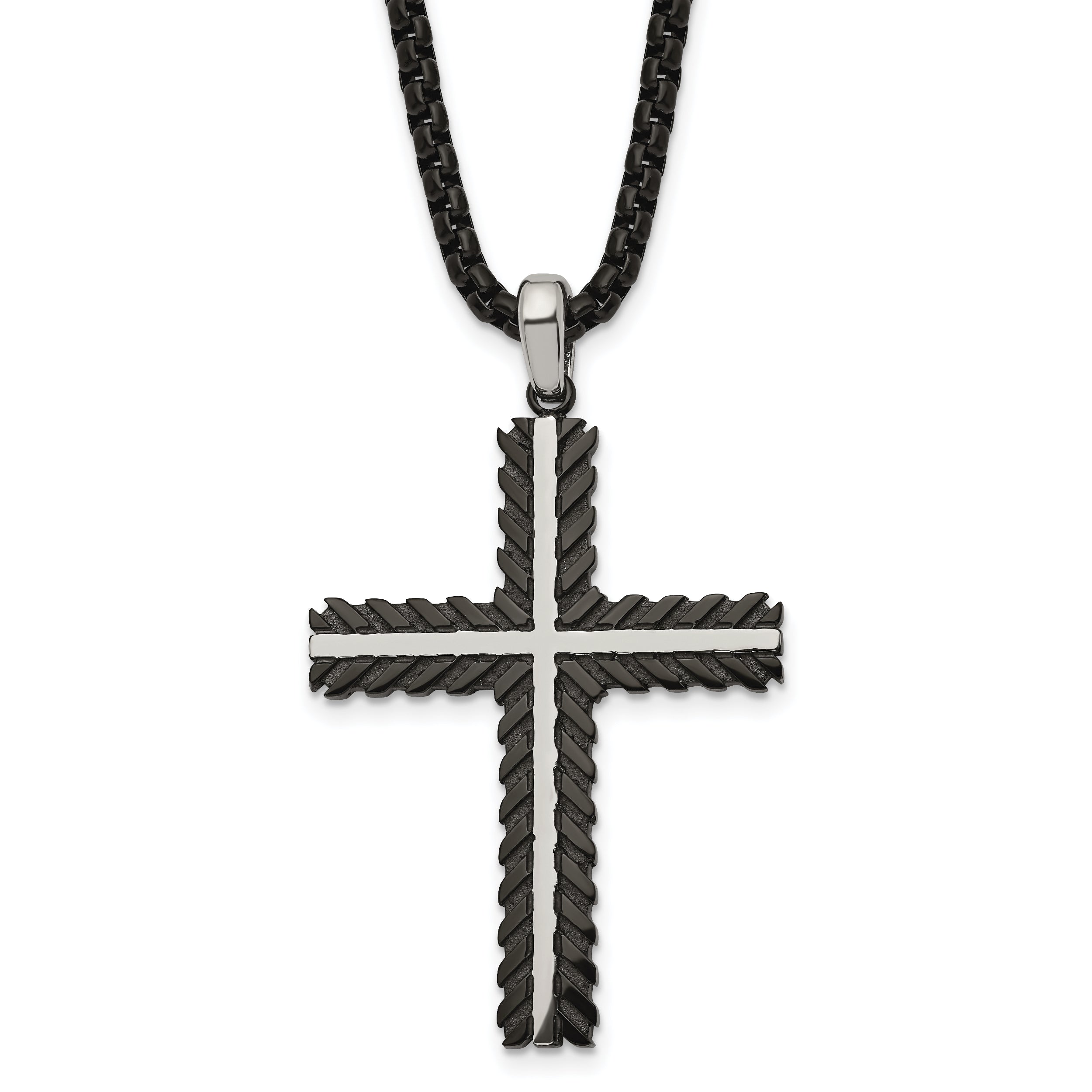 Chisel Stainless Steel Brushed and Polished Black IP-plated Cross Pendant on a 24 inch Box Chain Necklace
