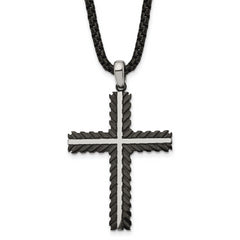 Chisel Stainless Steel Brushed and Polished Black IP-plated Cross Pendant on a 24 inch Box Chain Necklace