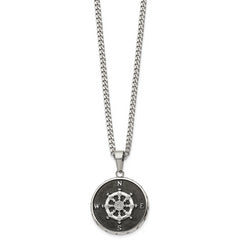 Chisel Stainless Steel Polished Black IP-plated Compass Pendant on a 22 inch Curb Chain Necklace