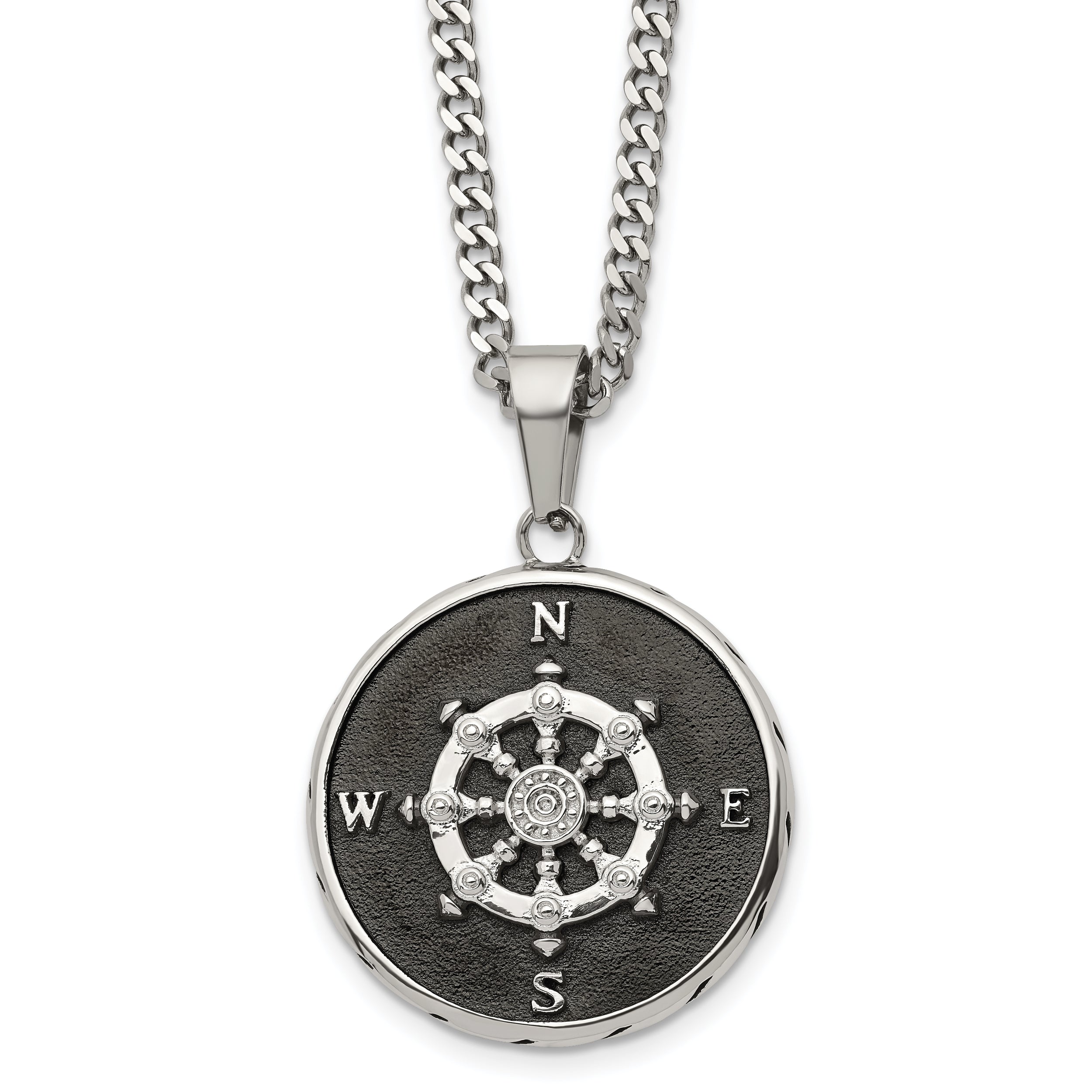 Chisel Stainless Steel Polished Black IP-plated Compass Pendant on a 22 inch Curb Chain Necklace