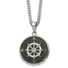 Chisel Stainless Steel Polished Black IP-plated Compass Pendant on a 22 inch Curb Chain Necklace
