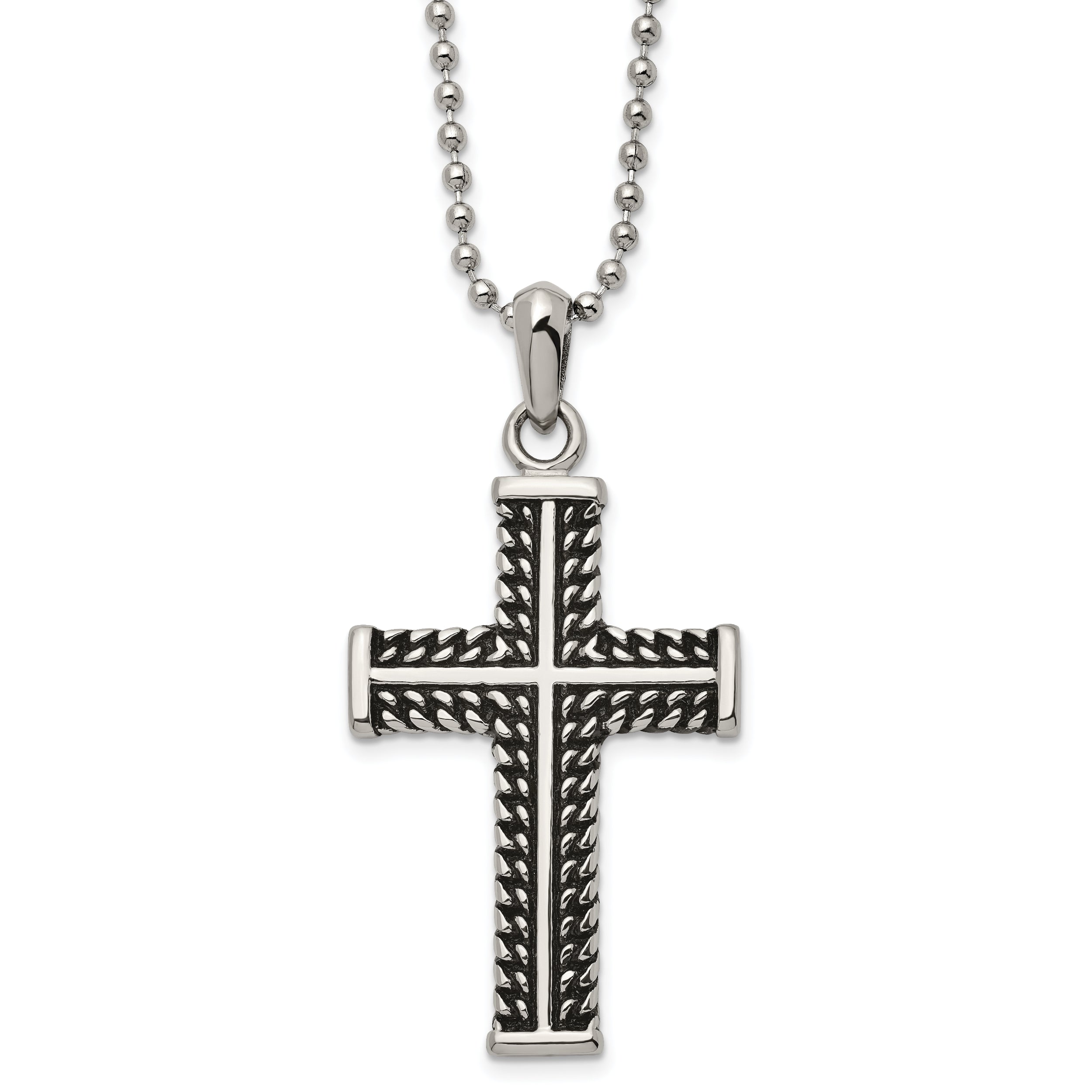 Chisel Stainless Steel Antiqued and Polished Chain Design Cross Pendant on a 22 inch Ball Chain Necklace