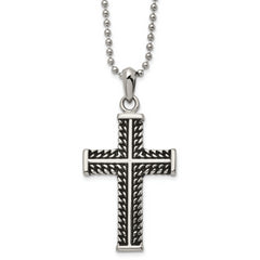 Chisel Stainless Steel Antiqued and Polished Chain Design Cross Pendant on a 22 inch Ball Chain Necklace