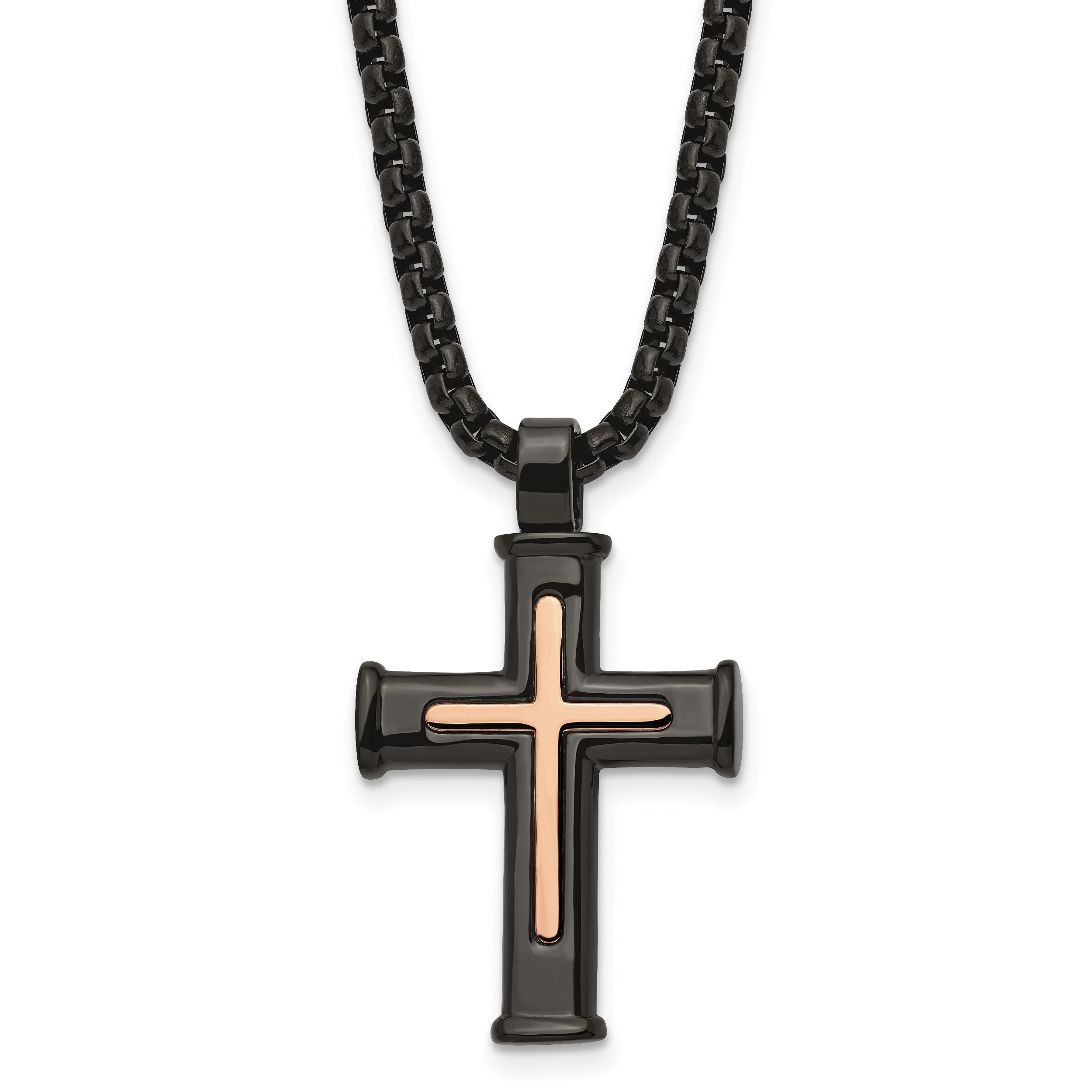 Chisel Stainless Steel Polished Black and Rose IP-plated Cross Pendant on a 24 inch Box Chain Necklace