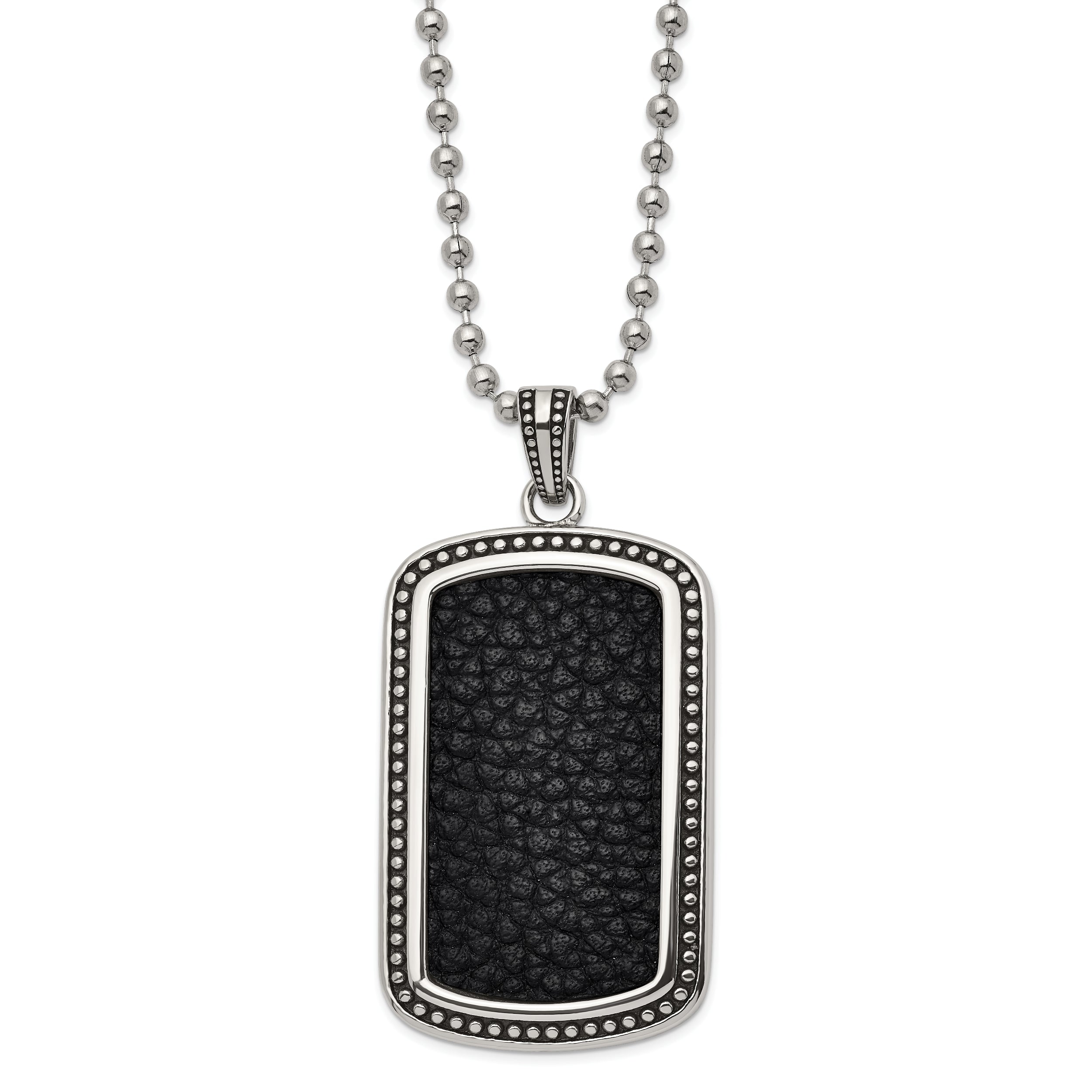 Chisel Stainless Steel Antiqued and Polished Black Textured Leather Inlay Dog Tag on a 22 inch Ball Chain Necklace