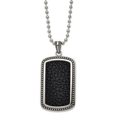 Chisel Stainless Steel Antiqued and Polished Black Textured Leather Inlay Dog Tag on a 22 inch Ball Chain Necklace