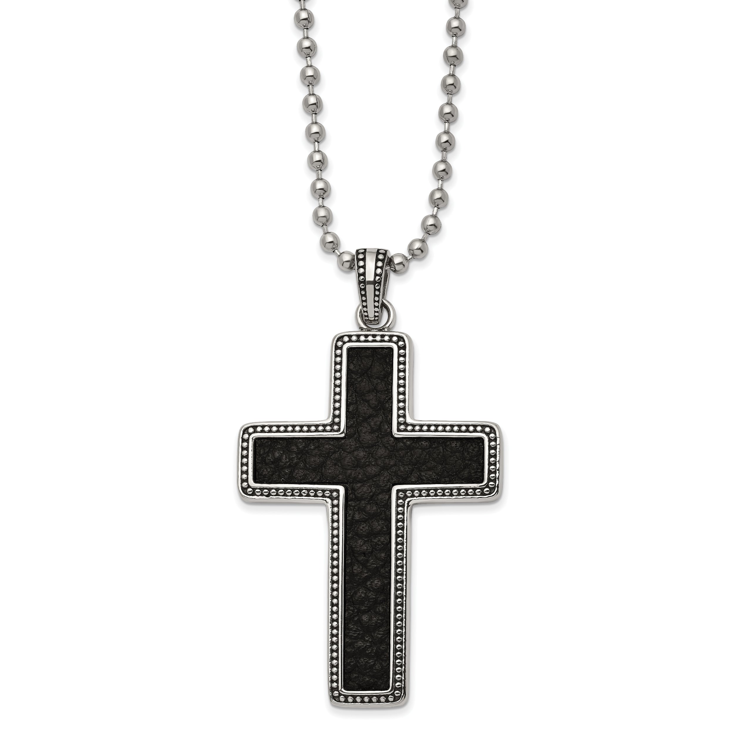 Chisel Stainless Steel Antiqued and Polished Black Leather Inlay Cross Pendant on a 22 inch Ball Chain Necklace