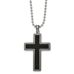 Chisel Stainless Steel Antiqued and Polished Black Leather Inlay Cross Pendant on a 22 inch Ball Chain Necklace