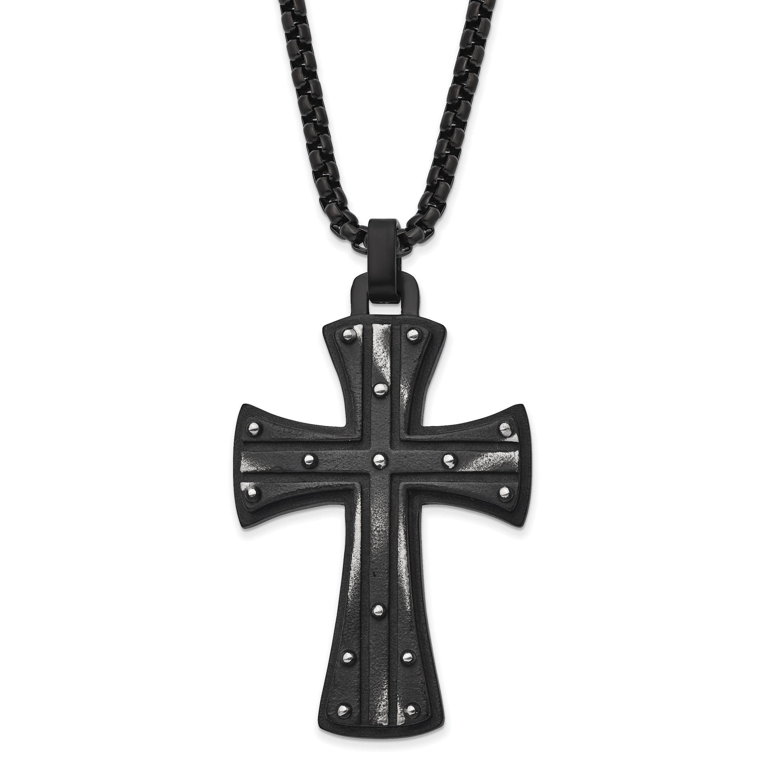 Chisel Stainless Steel Antiqued and Brushed Black IP-plated Cross Pendant on a 24 inch Box Chain Necklace