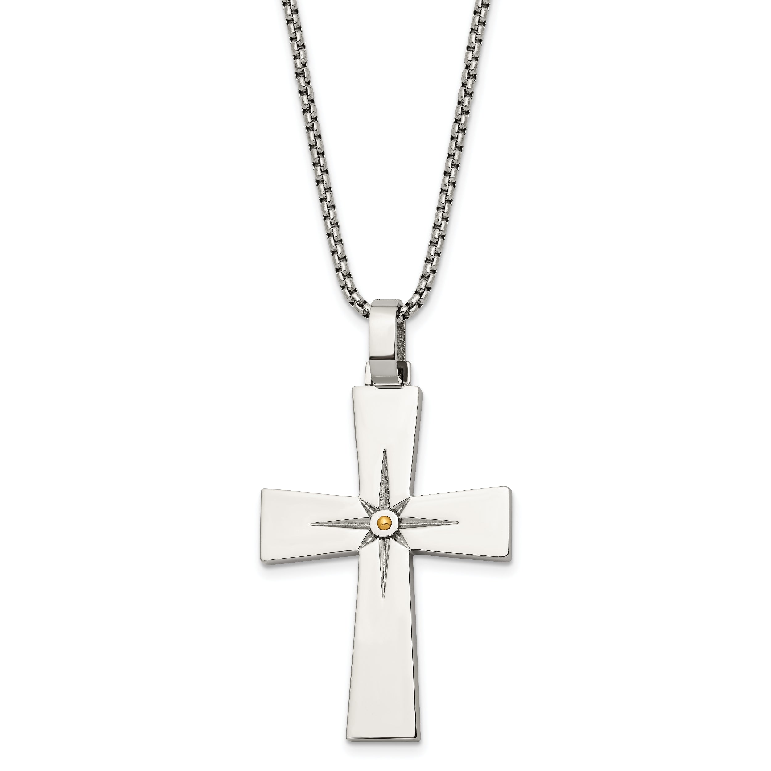 Chisel Stainless Steel Polished Yellow IP-plated Starburst Cross Pendant on a 24 inch Box Chain Necklace