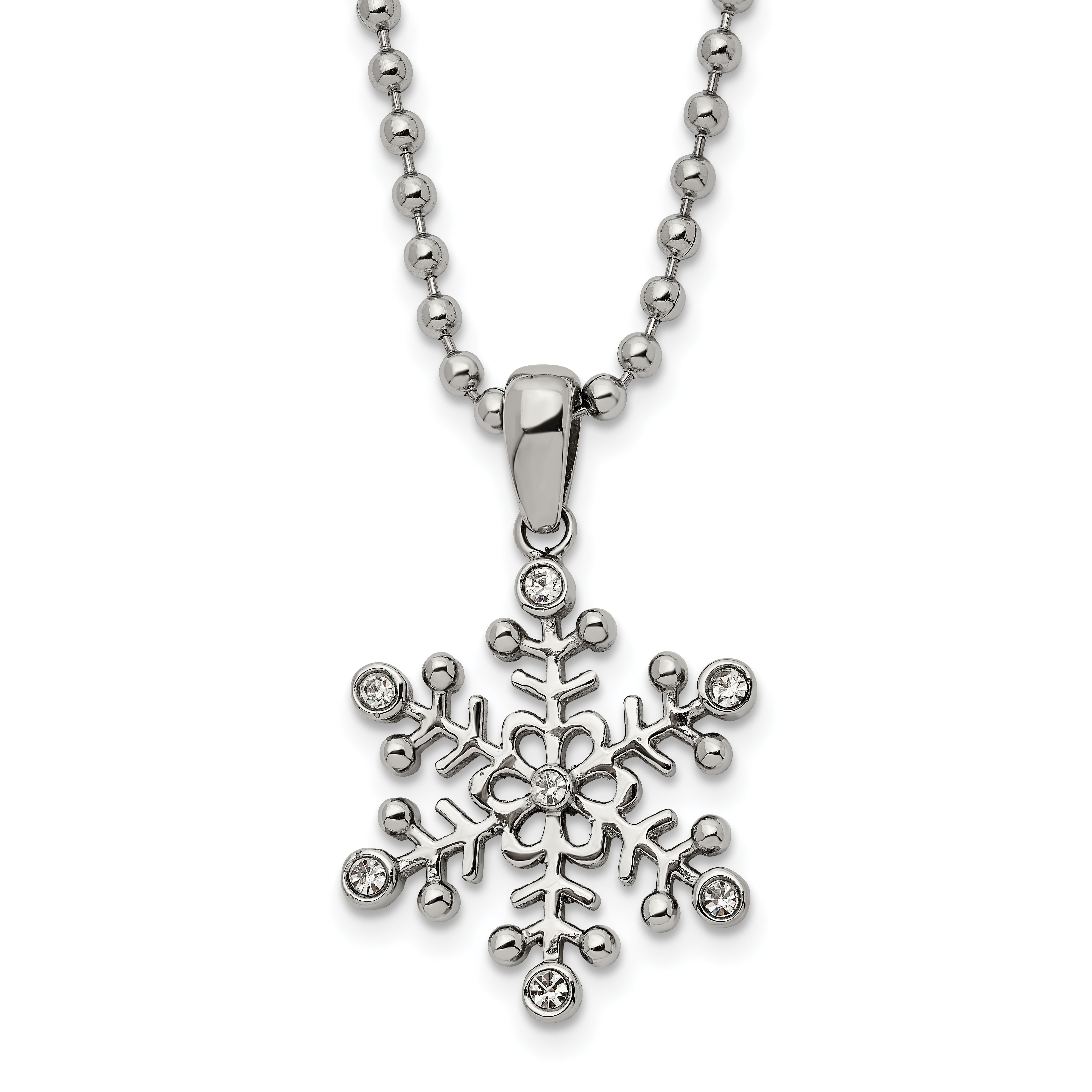 Chisel Stainless Steel Polished with CZ Snowflake Pendant on a 24 inch Ball Chain Necklace