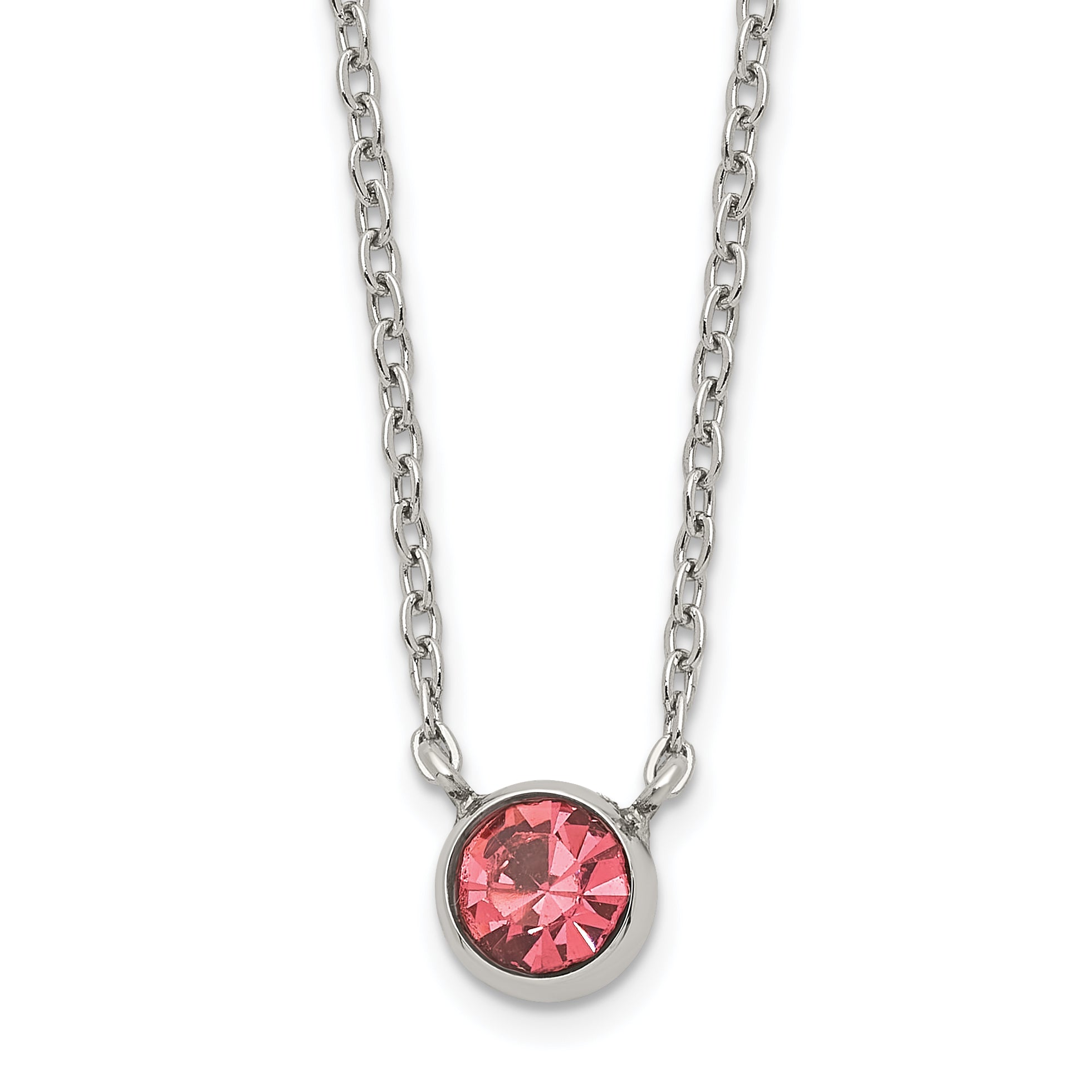 Stainless Steel Polished Pink Glass Crystal 16in With 2 Inch Extention. Necklace