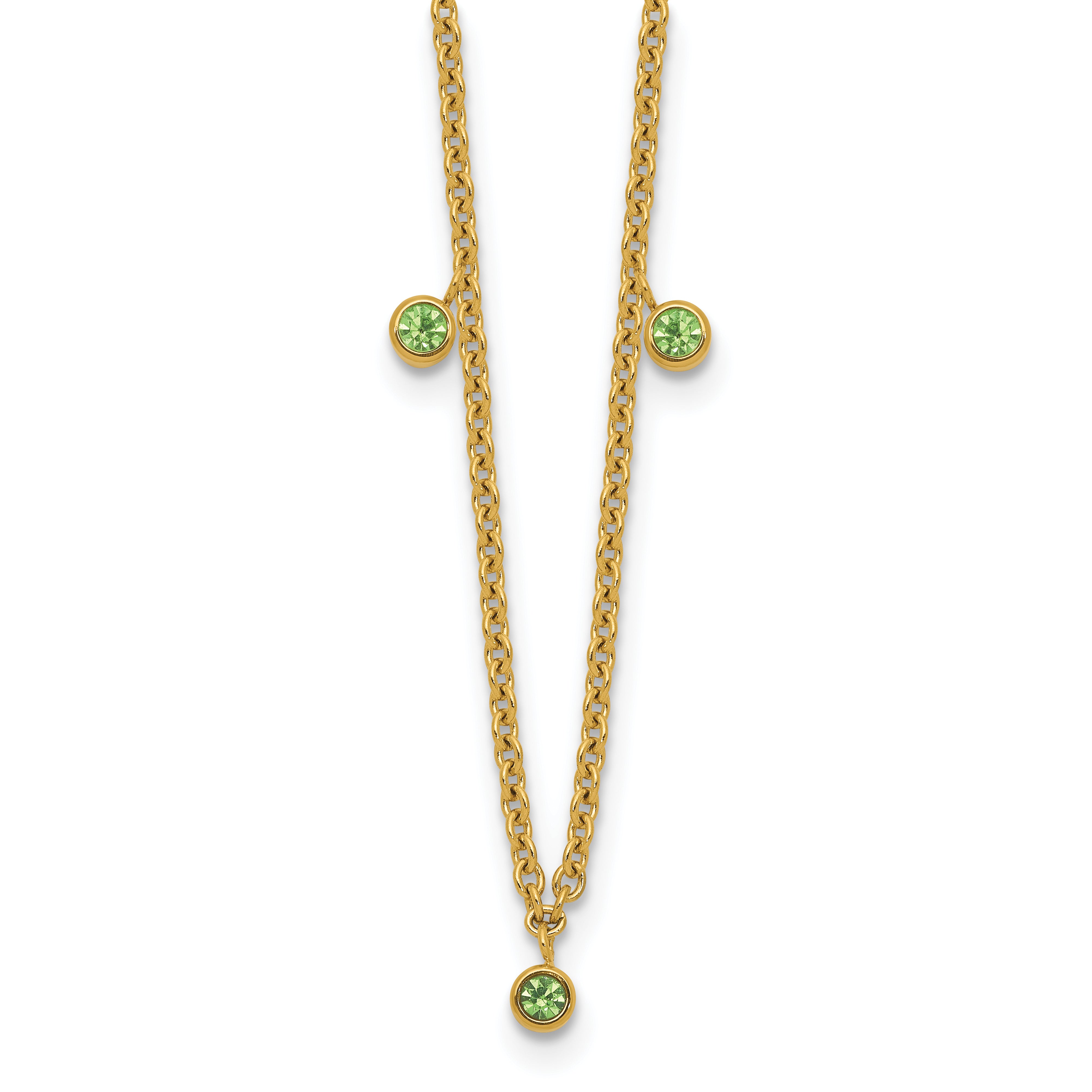 Stainless Steel Polished Yellow IP Green Crystal With 2 Inch Extention. Necklace