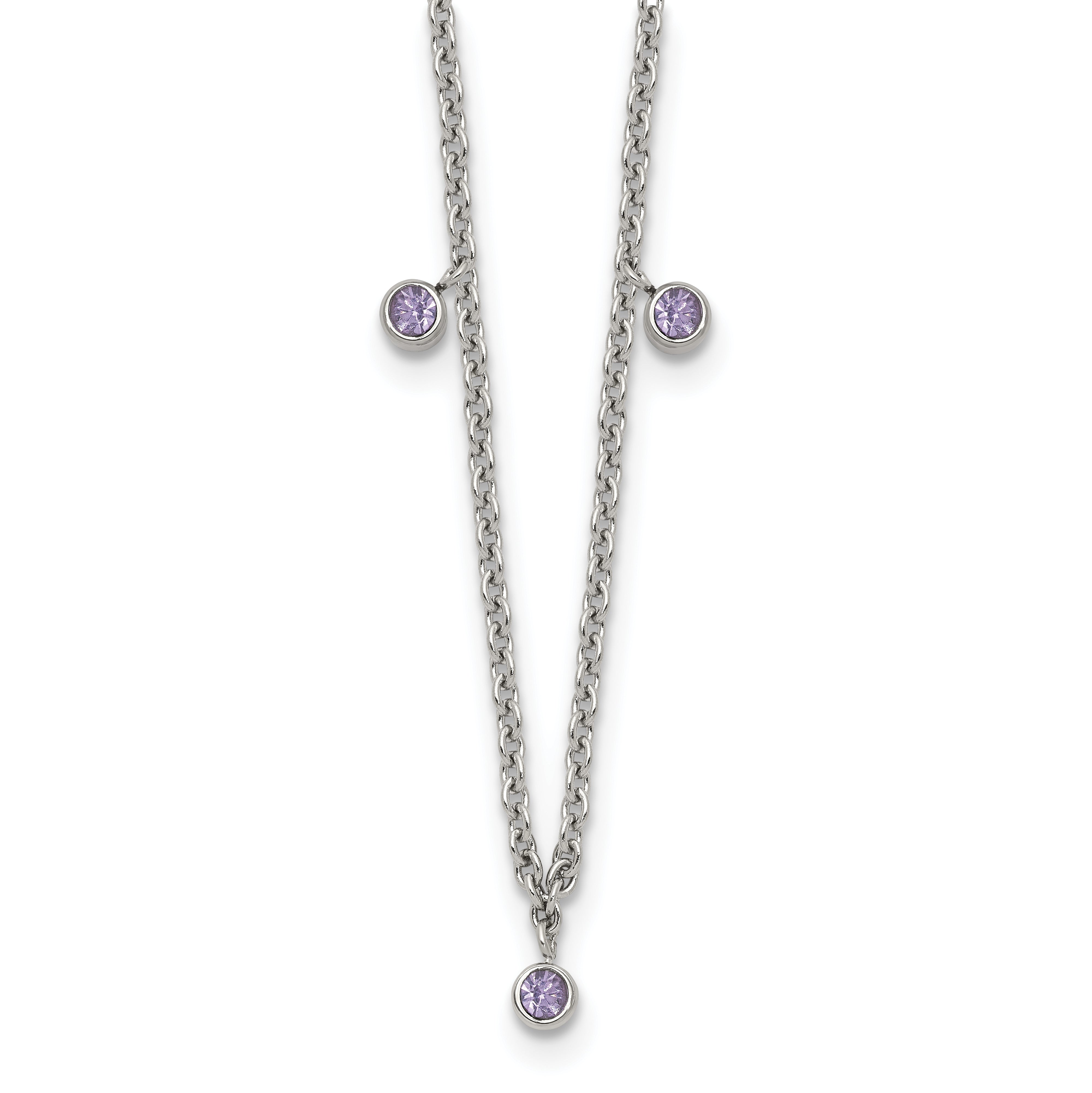 Stainless Steel Polished Purple Crystal 17.5in With 2 Inch Extention Necklace
