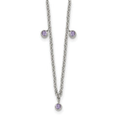 Stainless Steel Polished Purple Crystal 17.5in With 2 Inch Extention Necklace