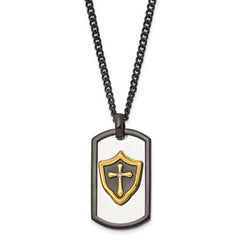 Chisel Stainless Steel Polished Black and Yellow IP-plated with CZ HERO Dog Tag on a 24 inch Curb Chain Necklace