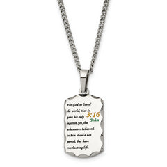 Chisel Stainless Steel Polished Acid Etched John 3:16 Dog Tag on a 24 inch Curb Chain Necklace