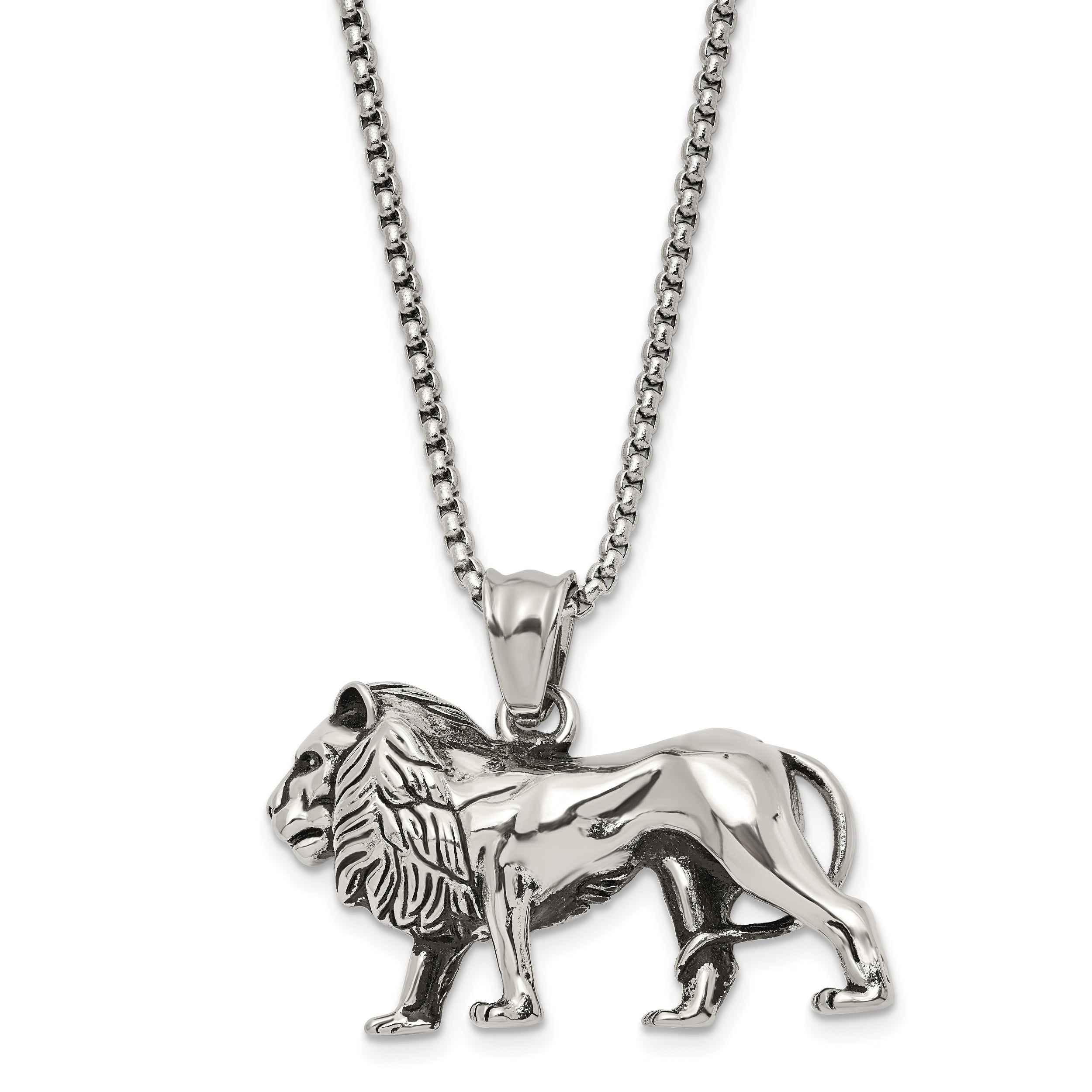 Chisel Stainless Steel Antiqued and Polished Lion Pendant on a 25.5 inch Box Chain Necklace