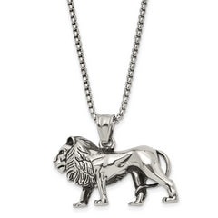 Chisel Stainless Steel Antiqued and Polished Lion Pendant on a 25.5 inch Box Chain Necklace