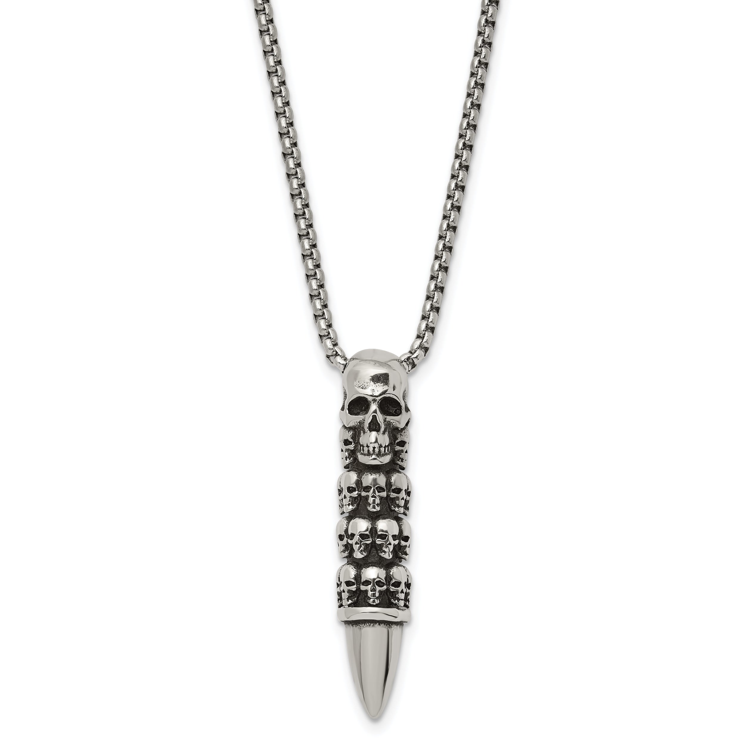 Chisel Stainless Steel Antiqued and Polished Bullet with Skulls Pendant on a 25.5 inch Box Chain Necklace