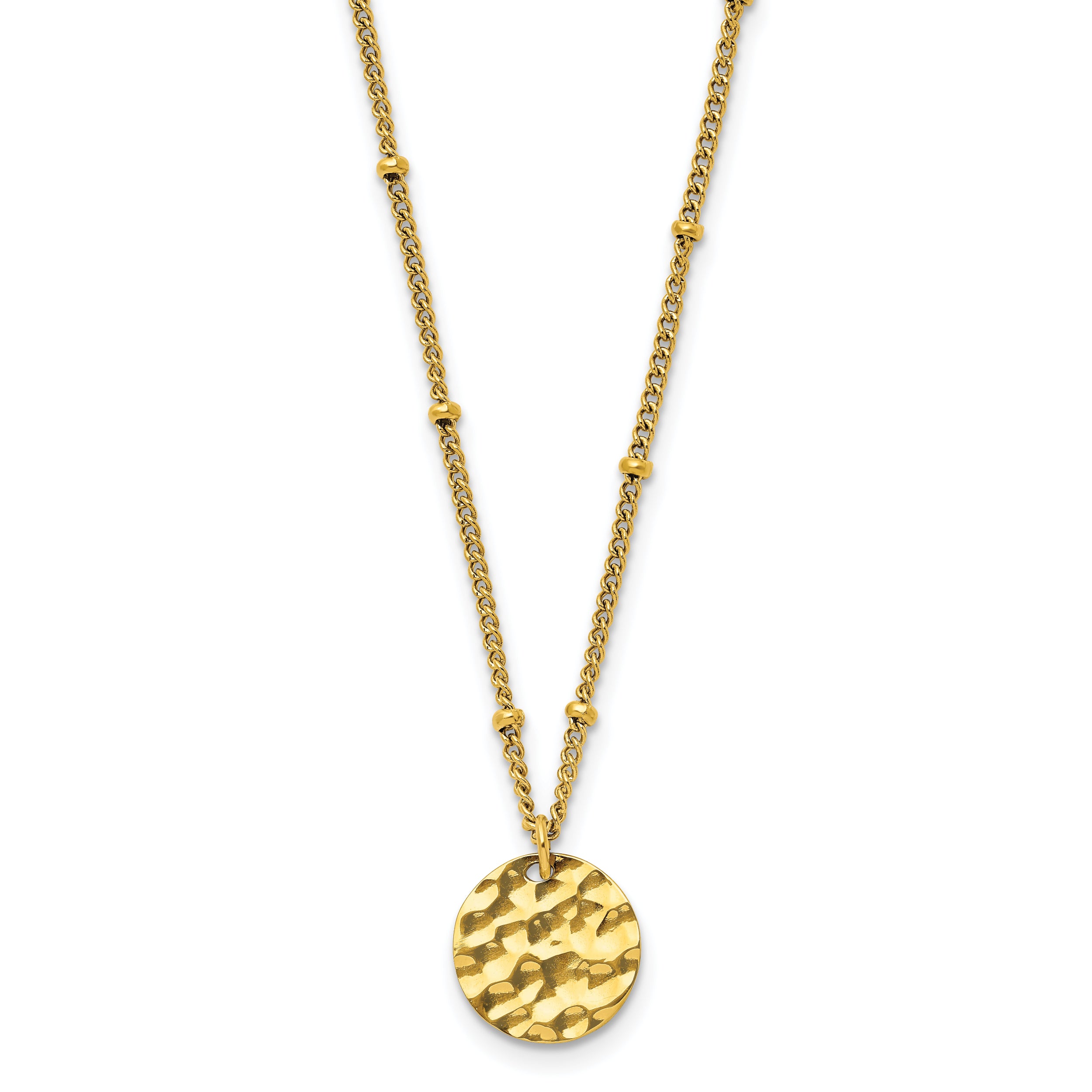 Chisel Stainless Steel Polished and Hammered Yellow IP-plated Circle Pendant on a 15 inch Curb Chain with a 2.5 inch Extension Necklace