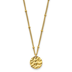 Chisel Stainless Steel Polished and Hammered Yellow IP-plated Circle Pendant on a 15 inch Curb Chain with a 2.5 inch Extension Necklace