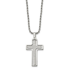 Chisel Stainless Steel Polished and Laser Cut Moveable Cross Pendant on a 22 inch Rope Chain Necklace