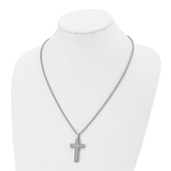 Chisel Stainless Steel Polished and Laser Cut Moveable Cross Pendant on a 22 inch Rope Chain Necklace