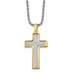Chisel Stainless Steel Polished Laser Cut Center Yellow IP-plated Moveable Cross Pendant on 22 inch Rope Chain Necklace