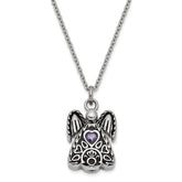 Sentimental Expressions Stainless Steel Purple CZ February Birthstone Antiqued Angel Ash Holder 18 Inch Necklace