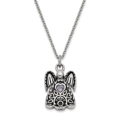 Sentimental Expressions Stainless Steel Light Purple CZ June Birthstone Antiqued Angel Ash Holder 18 Inch Necklace
