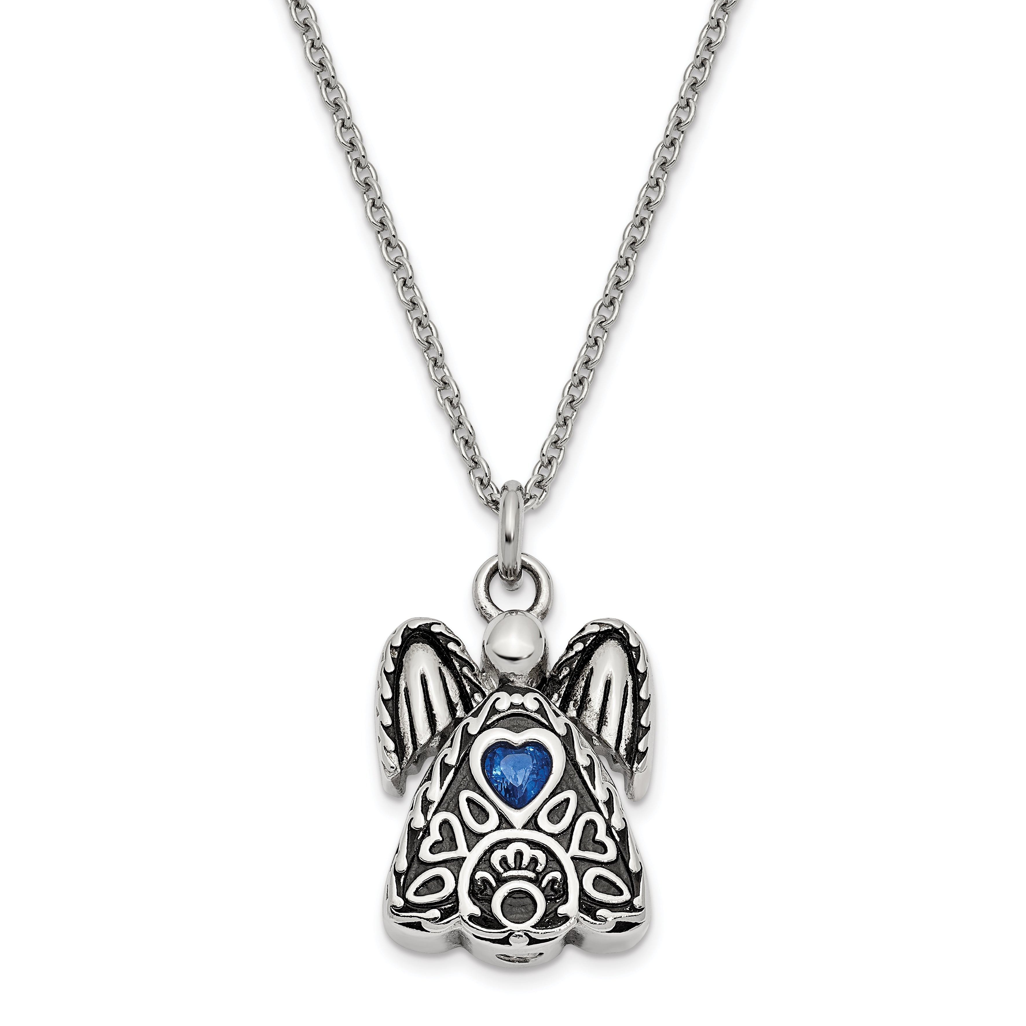 Sentimental Expressions Stainless Steel Dark Blue CZ September Birthstone Antiqued Angel Ash Holder 18 Inch Necklace