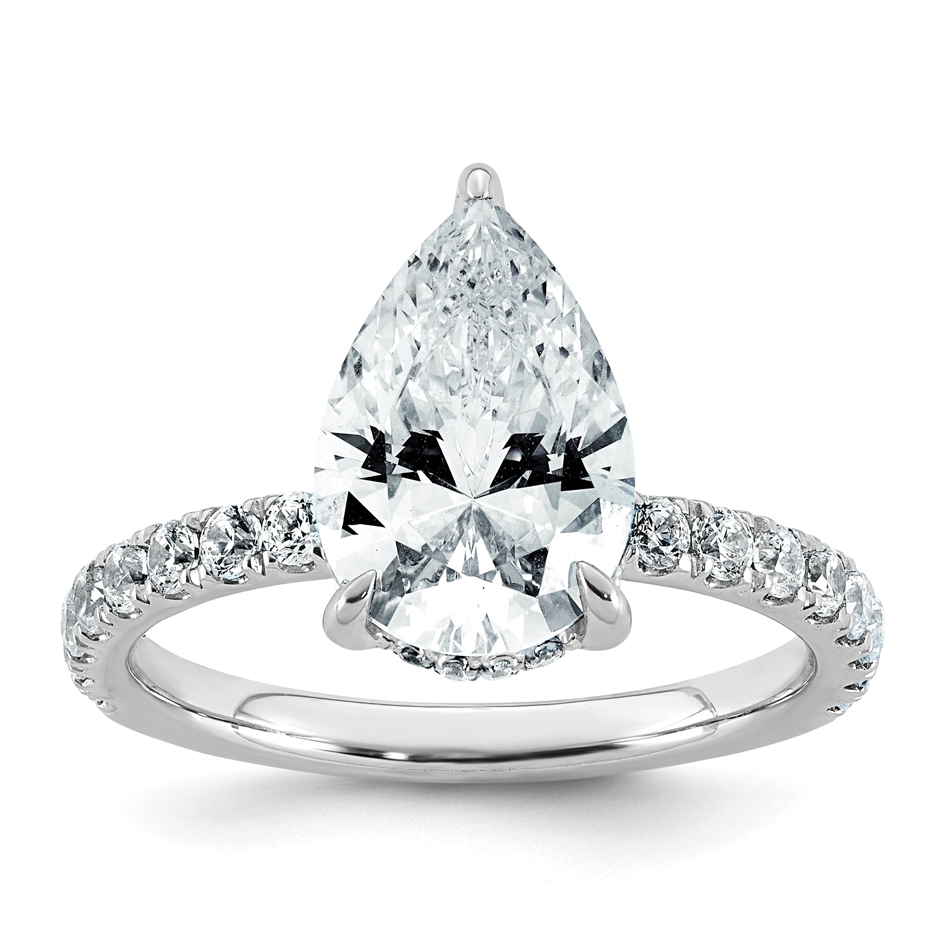 14k White Gold 3 1/2 carat Certified Lab Grown Diamond VS/SI+ G+ Pear Complete Solitaire with Flair Engagement Ring