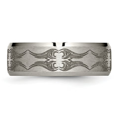 Titanium Brushed & Polished Laser Design 8mm Beveled Edge Band