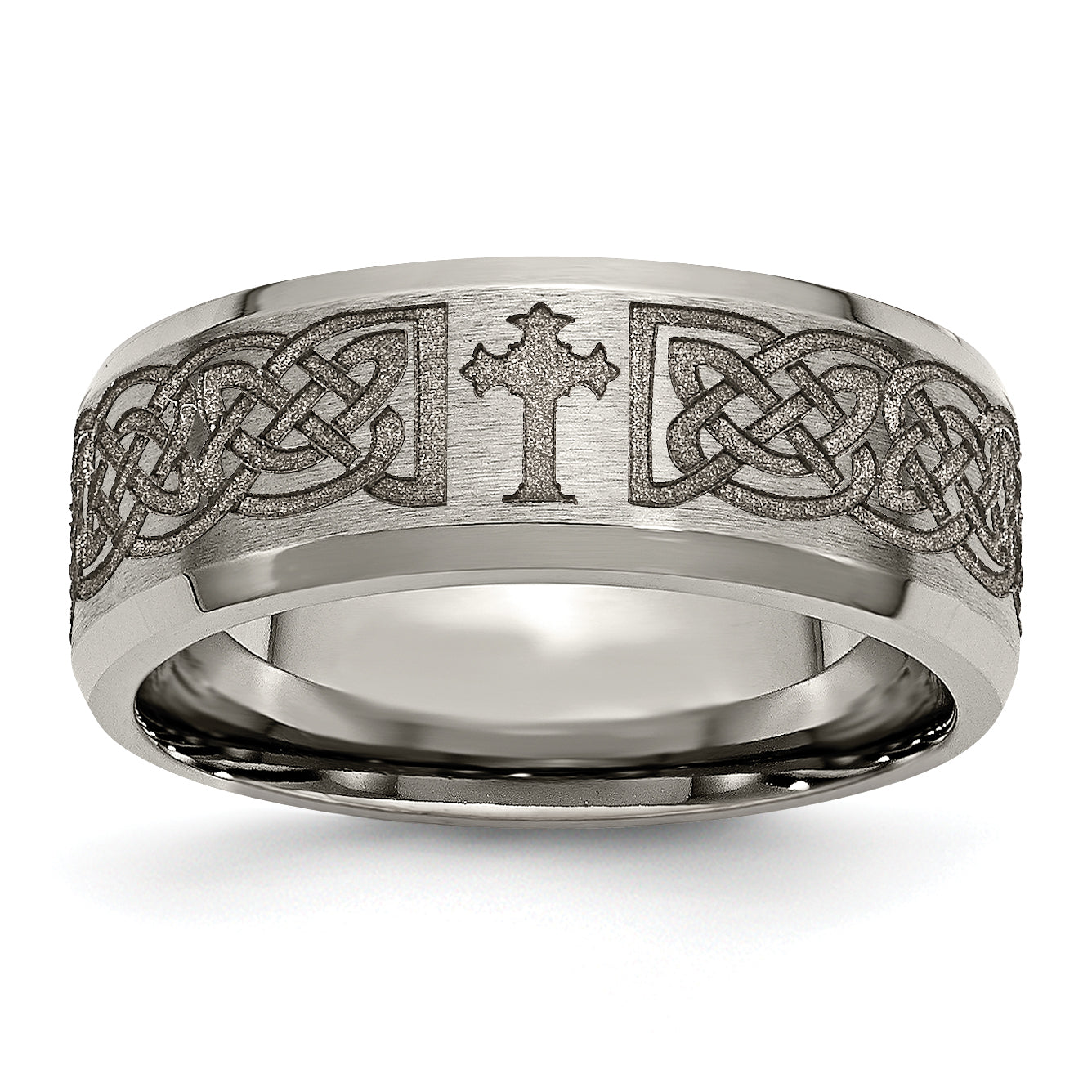 Titanium Brushed & Polished Cross Laser Design 8mm Beveled Edge Band