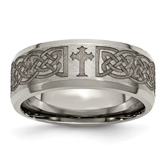 Titanium Brushed & Polished Cross Laser Design 8mm Beveled Edge Band