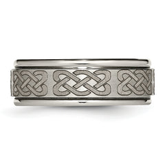 Chisel Titanium Brushed and Polished Celtic Laser Design 8mm Ridged Edge Band