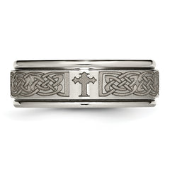 Chisel Titanium Brushed and Polished Cross Laser Design 8mm Ridged Edge Band