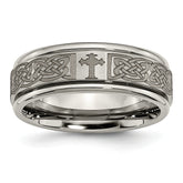 Chisel Titanium Brushed and Polished Cross Laser Design 8mm Ridged Edge Band