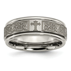 Chisel Titanium Brushed and Polished Cross Laser Design 8mm Ridged Edge Band