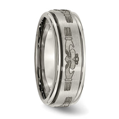 Chisel Titanium Brushed and Polished Claddagh Laser Design 8mm Ridged Edge Band
