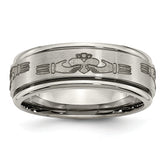 Chisel Titanium Brushed and Polished Claddagh Laser Design 8mm Ridged Edge Band